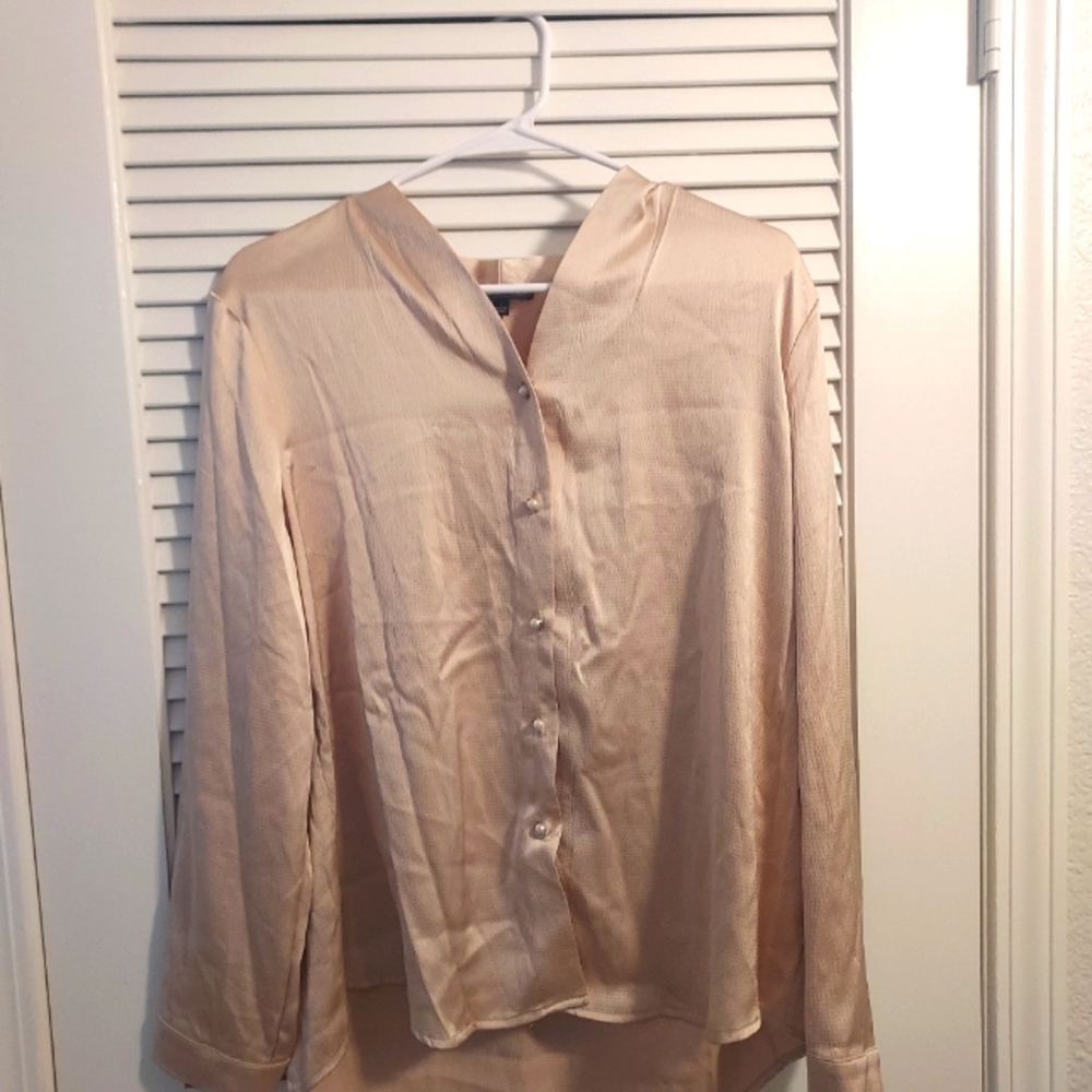 Adrianna Papell Champagne Blush Satin Button Up With Pearlesque Buttons (L)